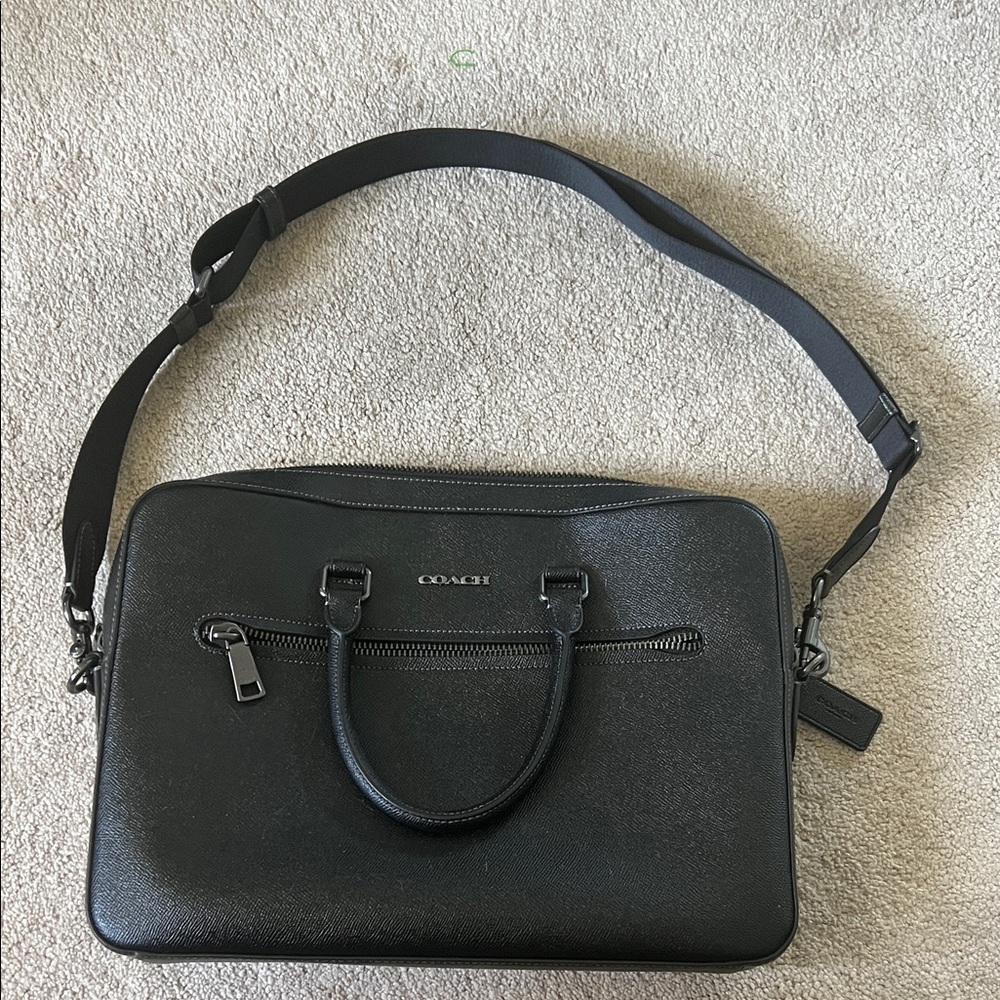 Ethan Slim- Coach Black Leather Laptop Briefcase with Removable Shoulder Strap
